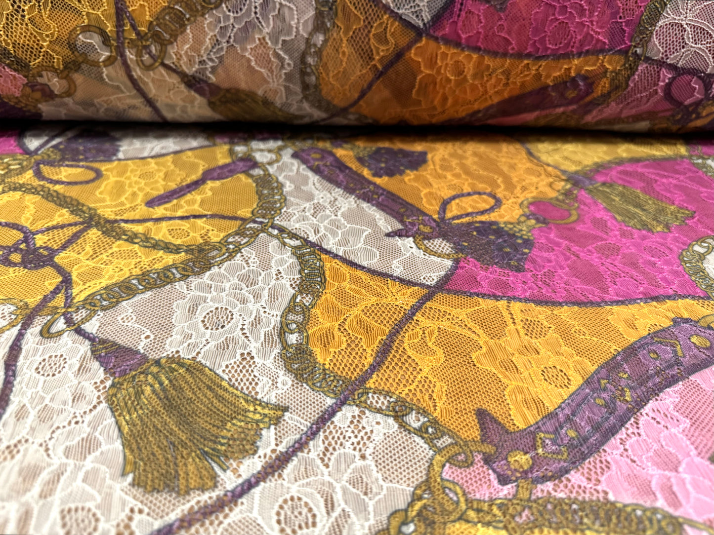 Stretch spandex lace fabric, per metre - tassels & chains print - pink gold and ivory
