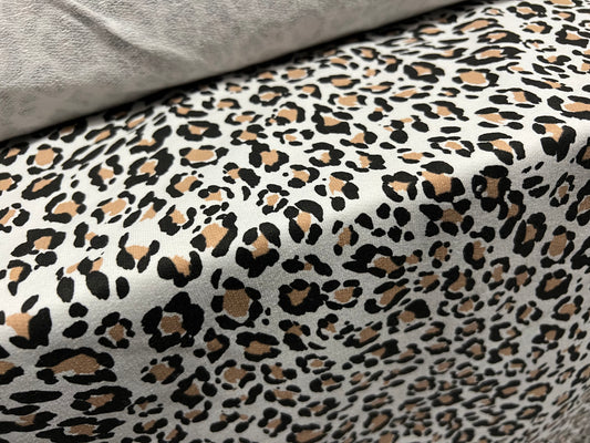 French Terry loopback sweatshirt jersey fabric, per metre - cheetah animal print - white & beige