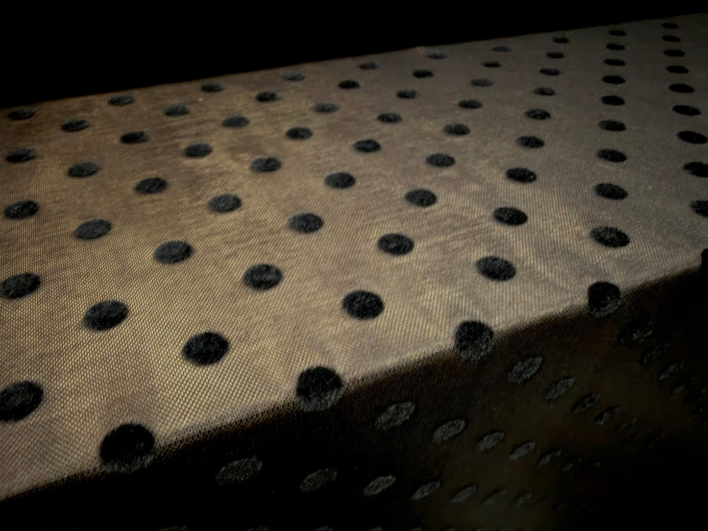 Power mesh net stretch spandex fabric, per metre - Polka dot flock print - black on black