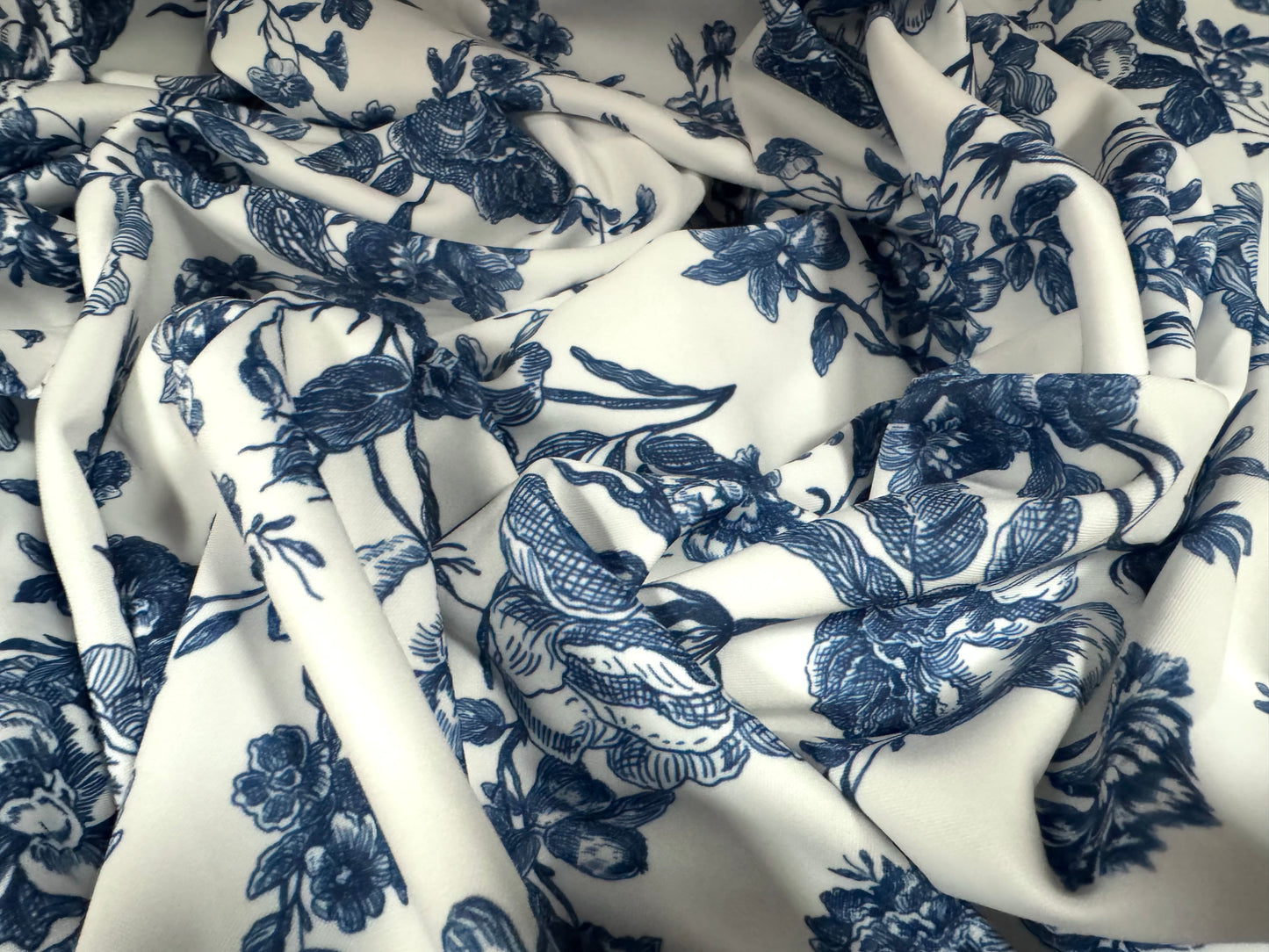 Scuba stretch spandex double jersey dress fabric, per metre - Toile De Jouy print - blue & white