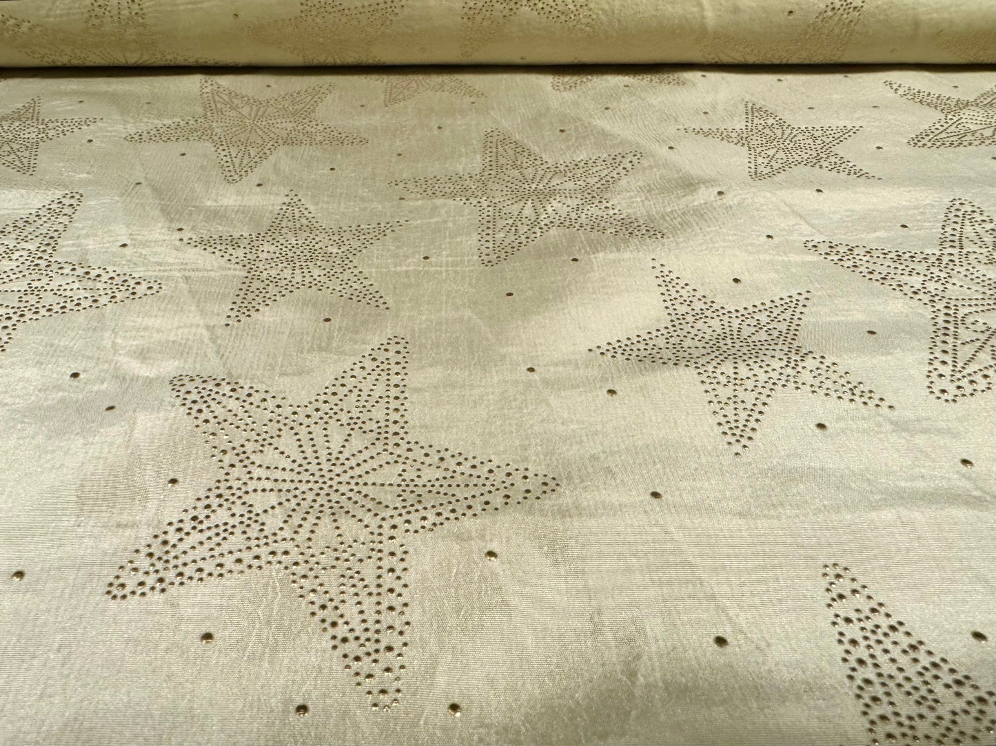 Taffeta faux silk fabric - metallic stars print - cream & gold