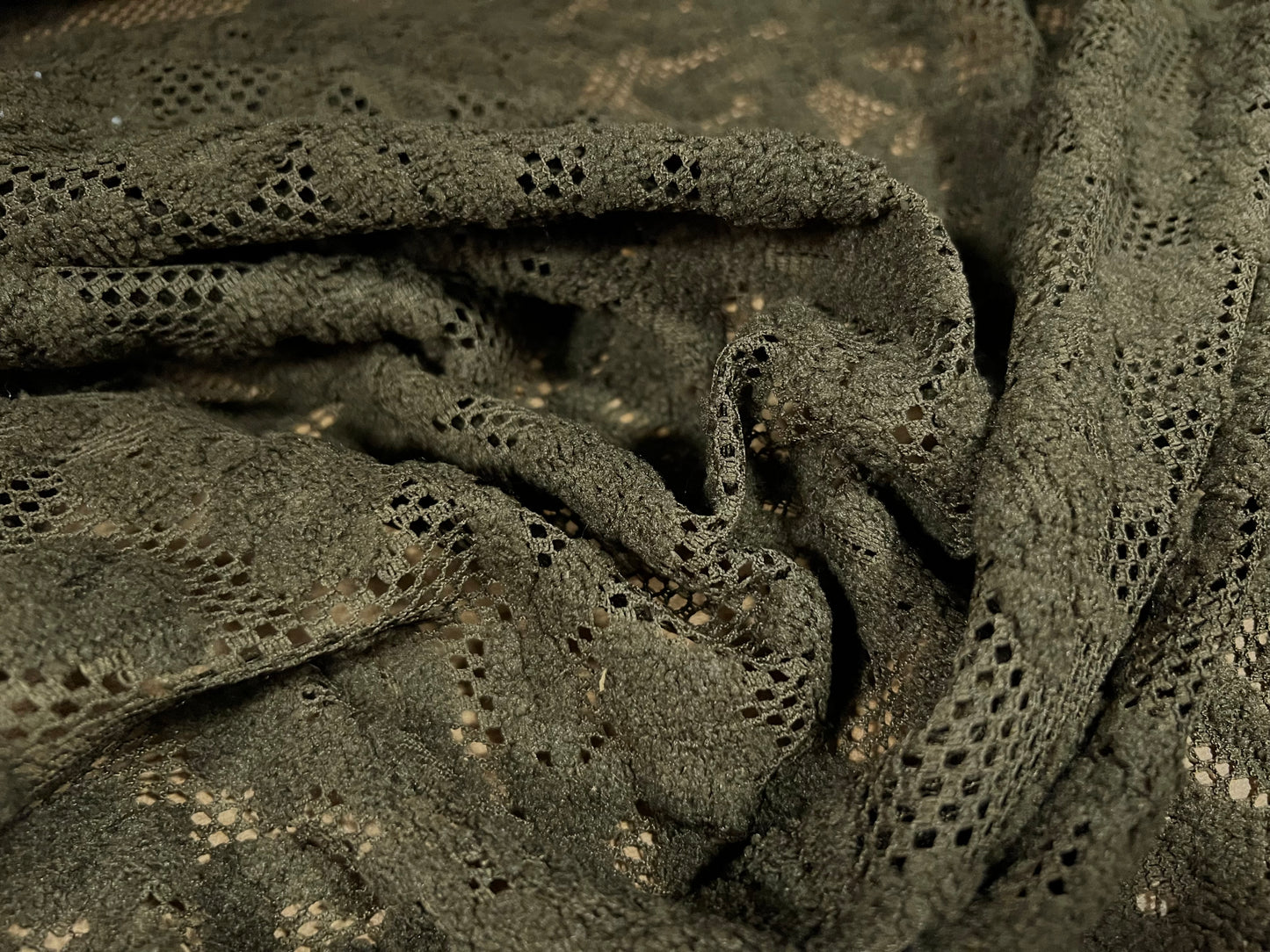 Flocked fishnet lace fabric, per metre - flower design - olive green