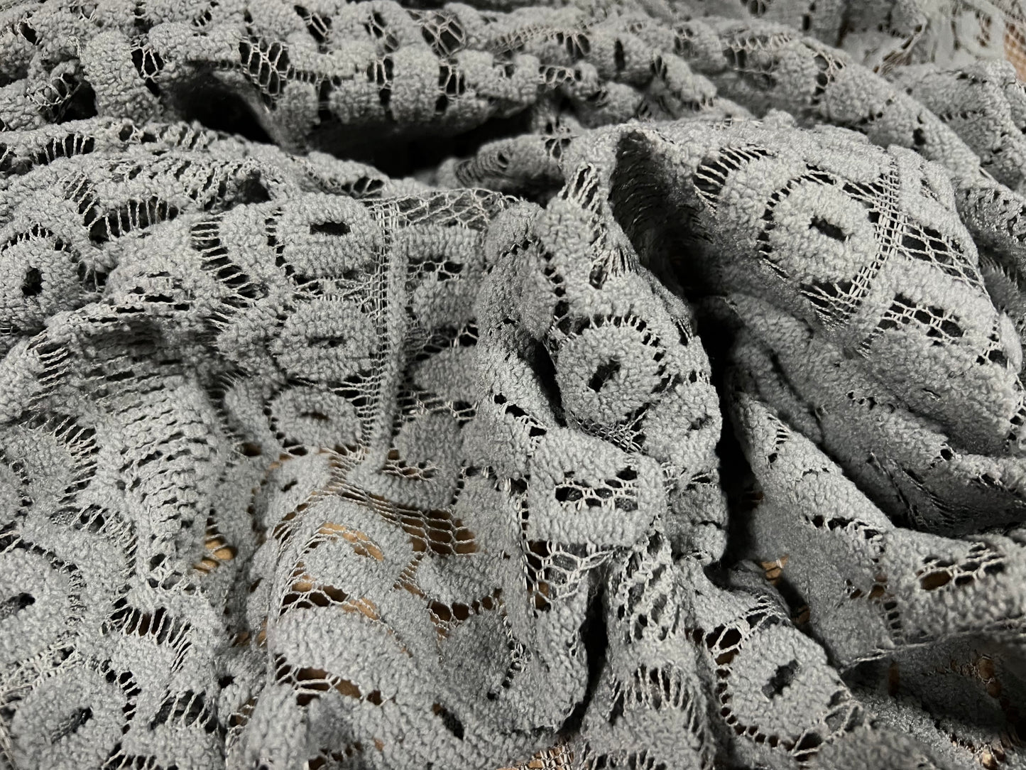 Flocked lace dress fabric, per metre - floral stripe pattern - grey