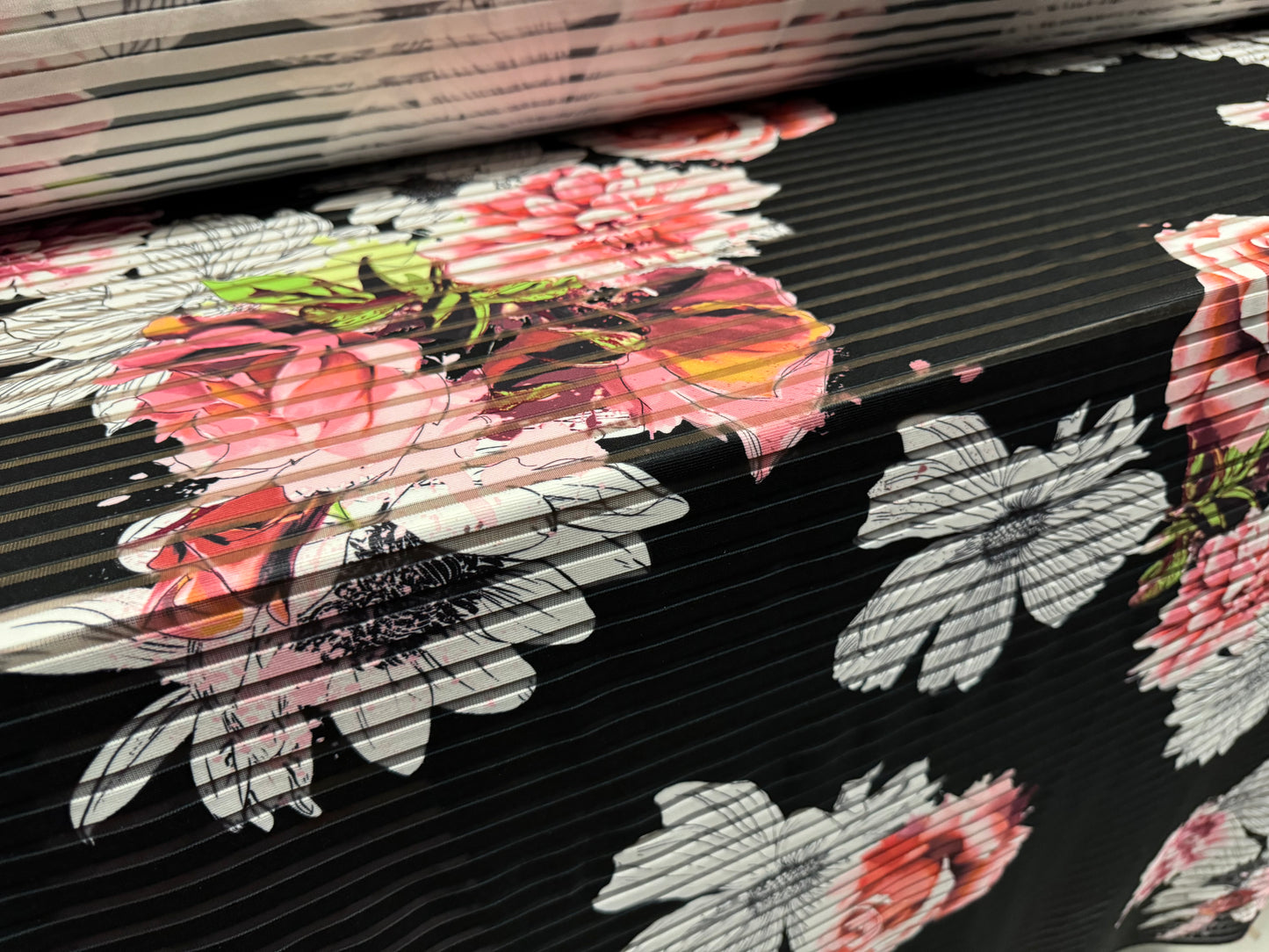 Stretch Ottoman rib burnout stripe jersey fabric, per metre - floral art print - black white & pink