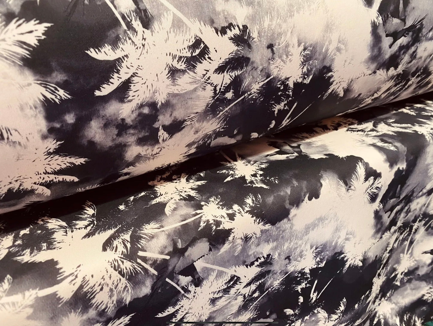 Sandwich Scuba Neoprene double jersey fabric, per metre - Hawaiian palm trees print - black & nude