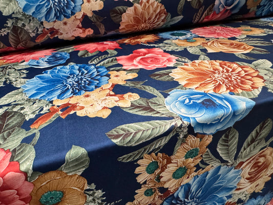 Soft touch stretch spandex single jersey fabric, per metre - Carnation Bouquet print - blue pink & beige