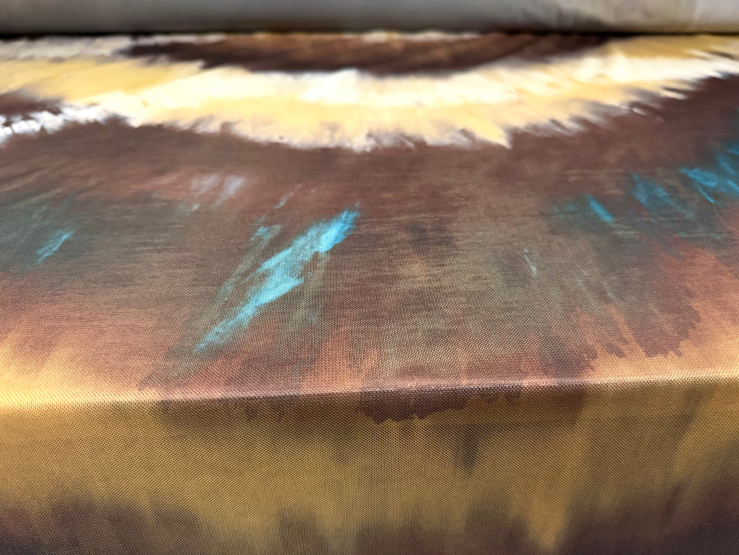 Power mesh net stretch spandex fabric, per metre - tie dye wave print - brown & mustard