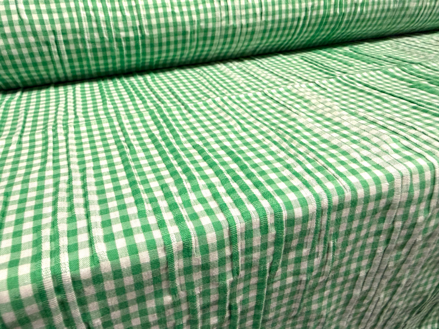 Stretch cotton crinkle weave fabric, per metre - gingham - emerald green