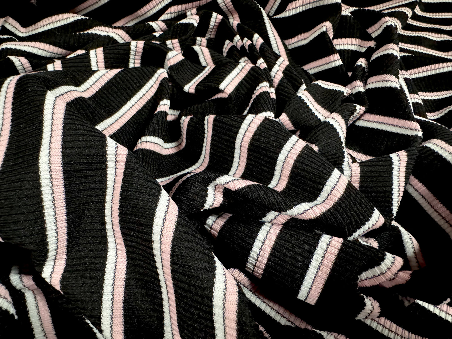 Stretch Spandex rib jersey fabric, per metre - stripe - black pink & white