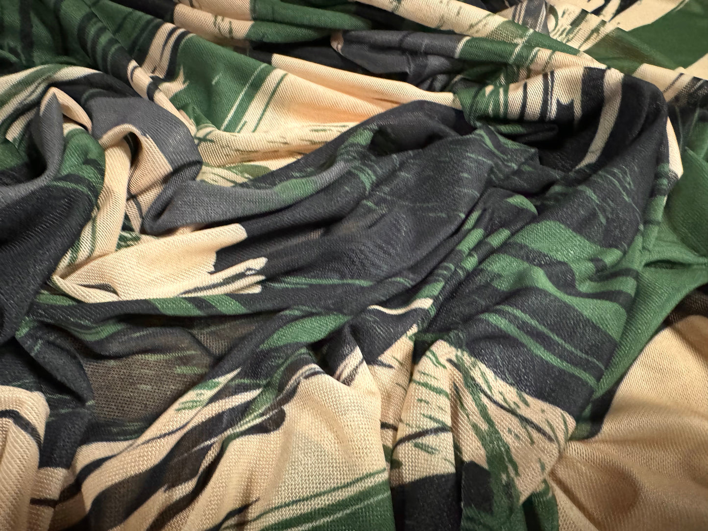 Power mesh net stretch spandex fabric, per metre - camouflage brush strokes print - khaki & nude