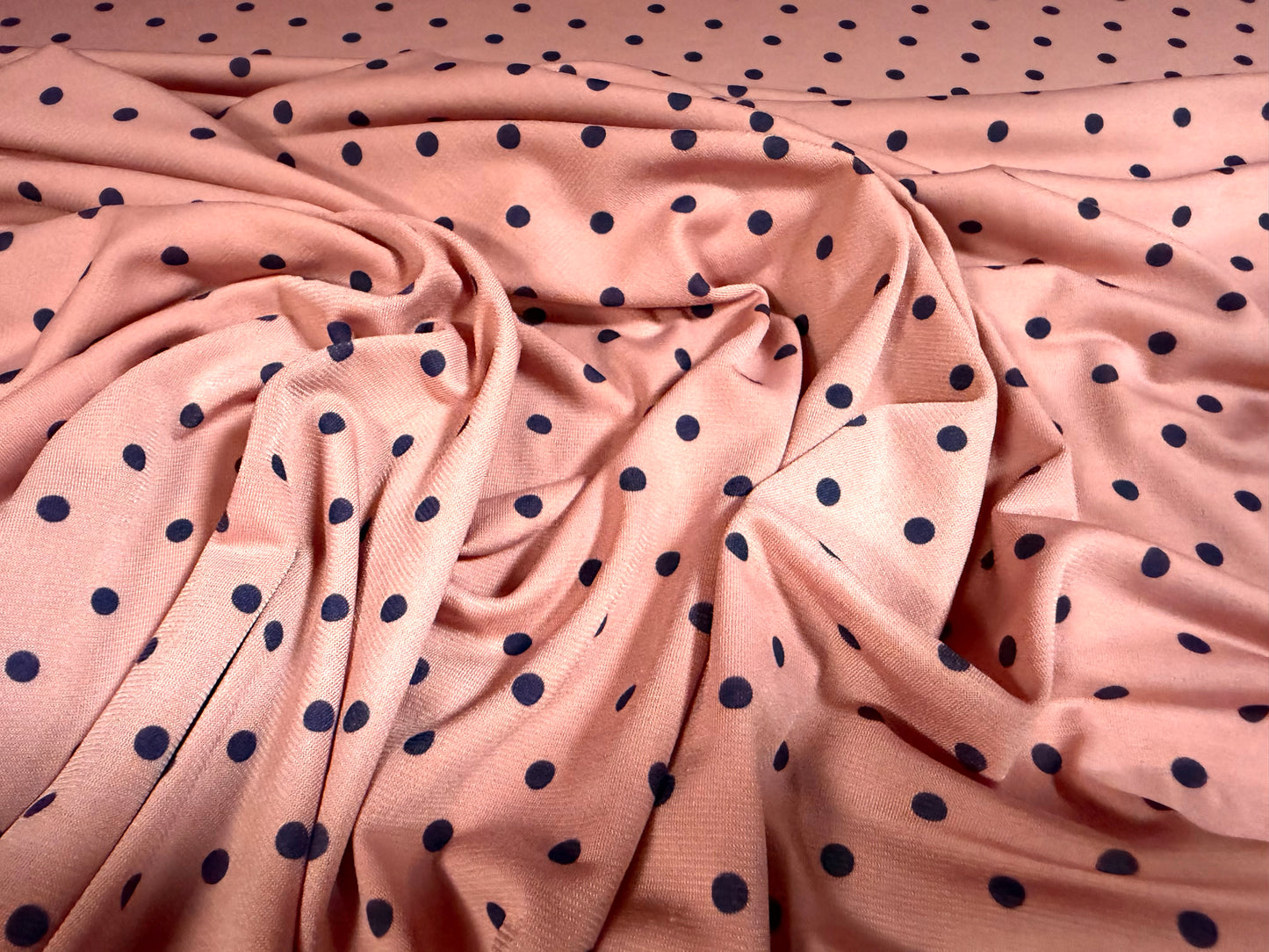 Stretch spandex single jersey ITY fabric, per metre - polka dot print - pink & navy