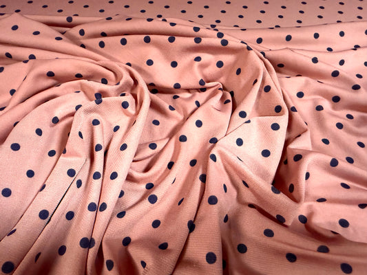 Stretch spandex single jersey ITY fabric, per metre - polka dot print - pink & navy