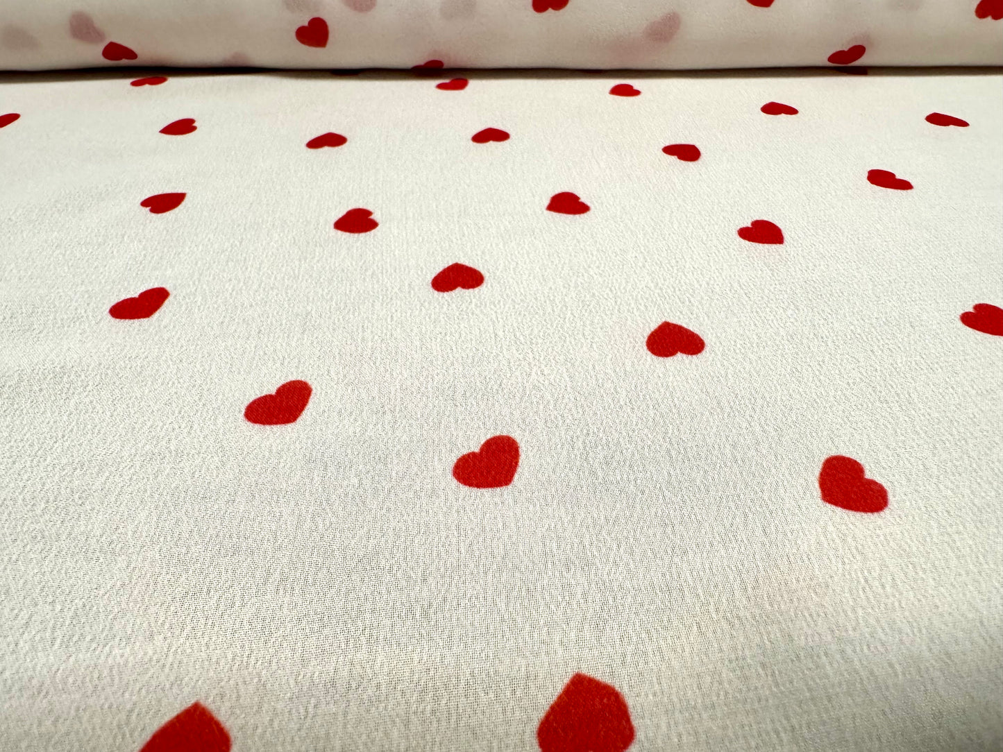 Georgette woven dress blouse fabric, per metre - love heart print - ivory & red