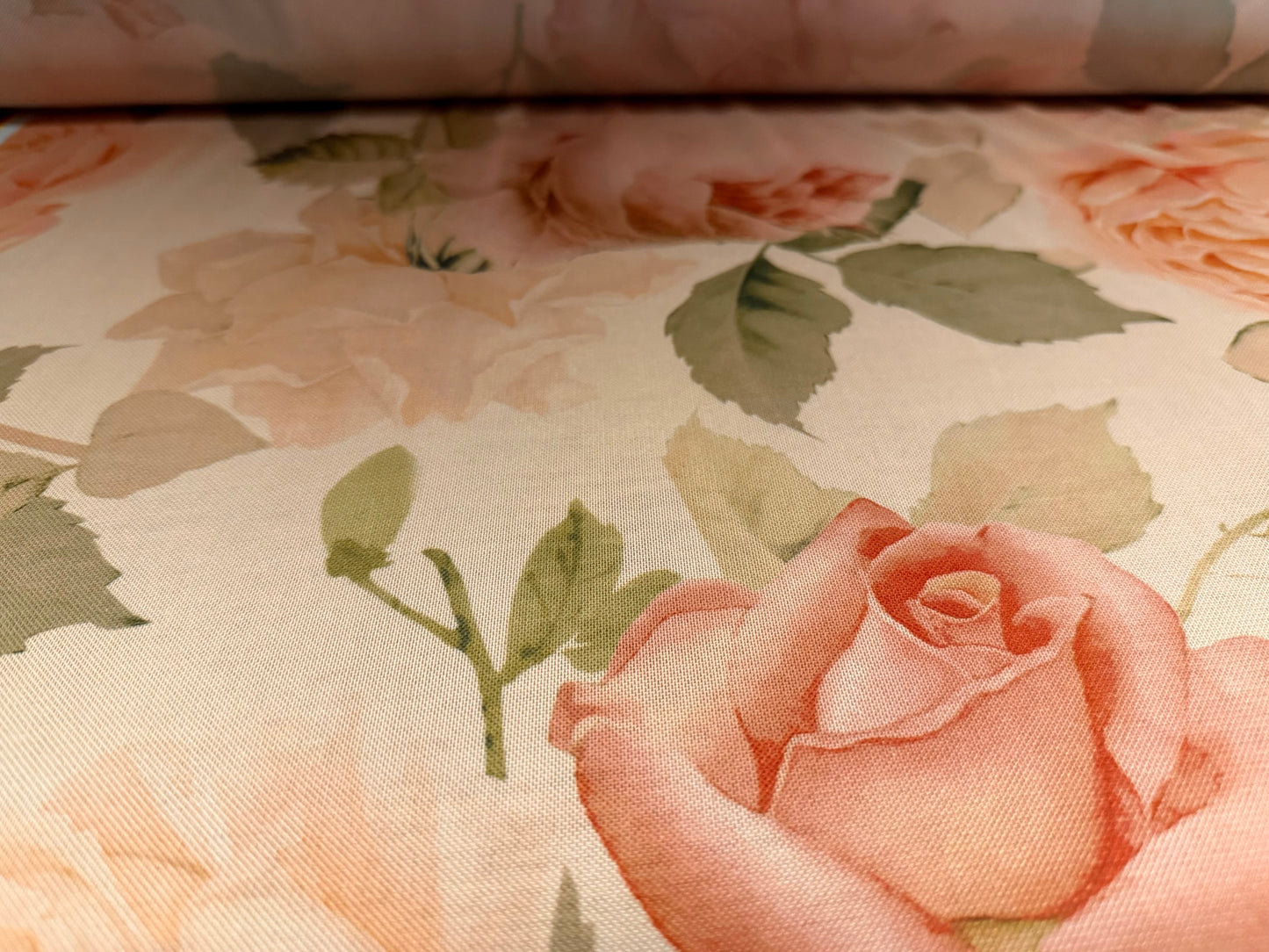 Power mesh net stretch spandex fabric, per metre - roses print - peach melba