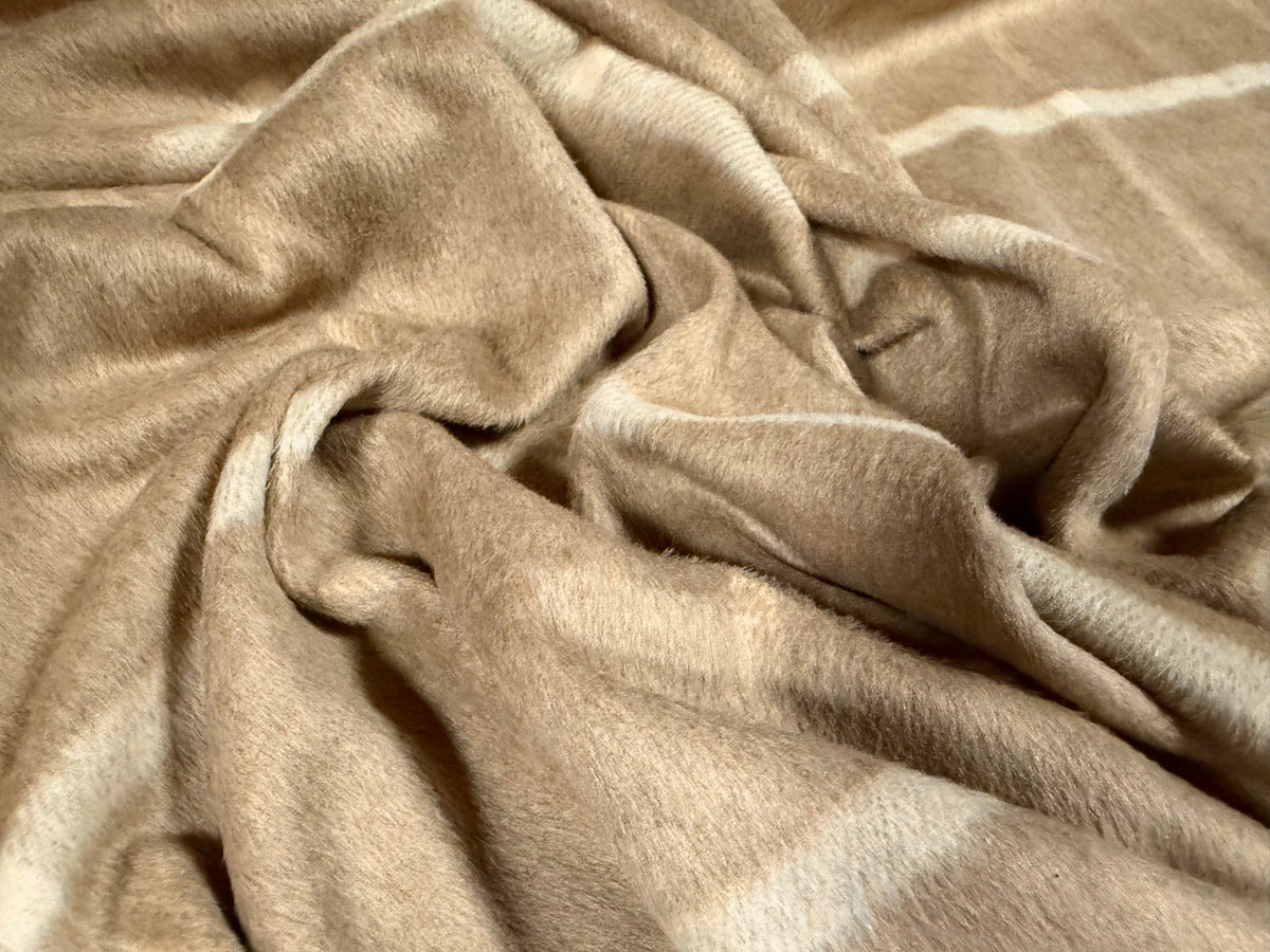 Wool flannel fabric, per metre - grid check - light brown & beige