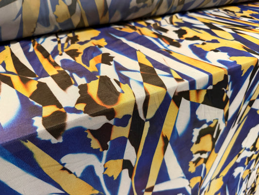 Power mesh net stretch spandex fabric, per metre - distressed tiger print - cobalt blue & gold