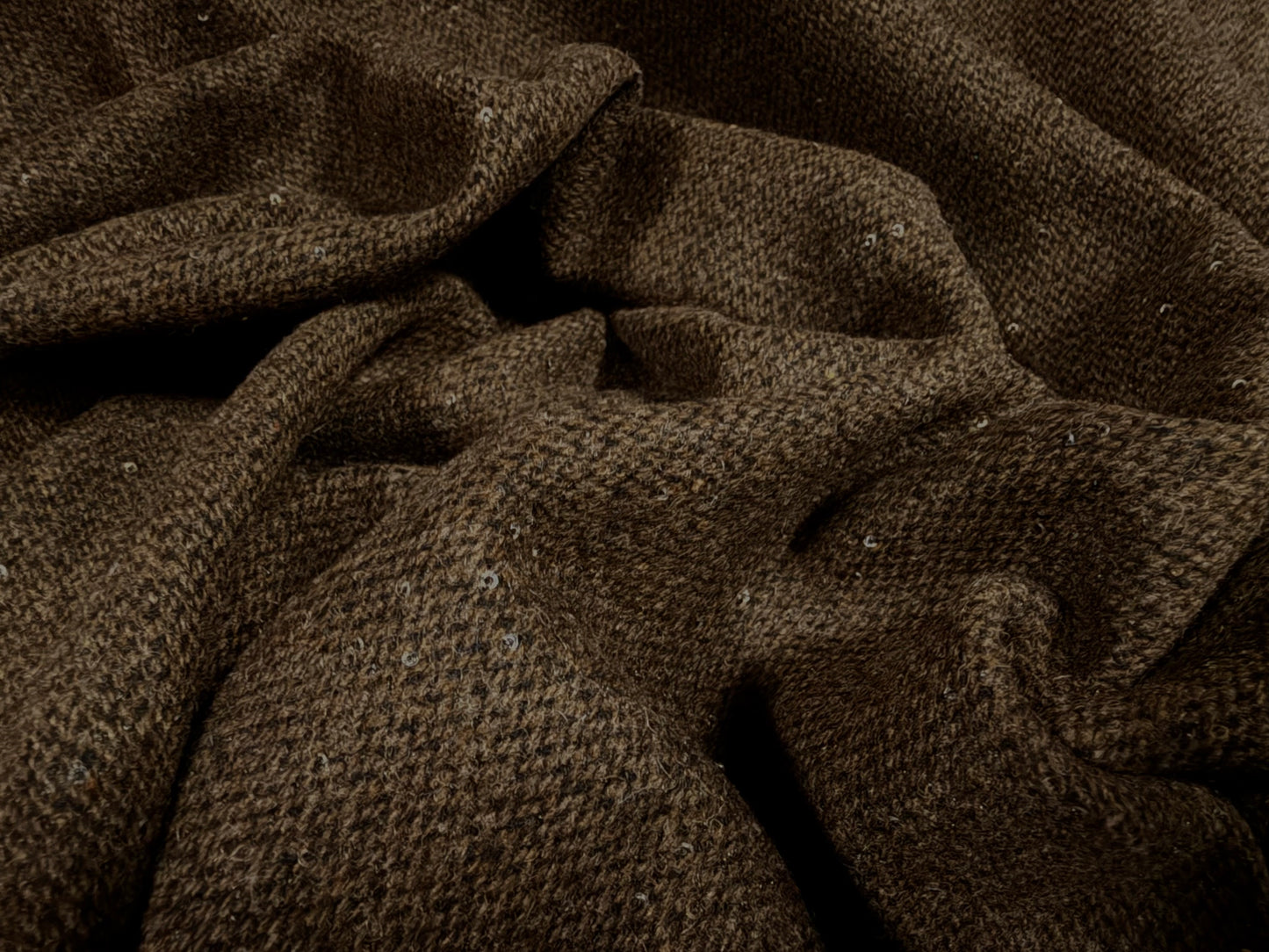 Wool tweed fabric with sequins, per metre - brown