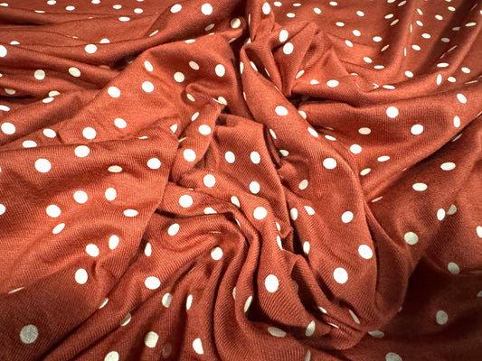 Viscose spandex stretch jersey fabric, per metre - spot print - terracotta & white