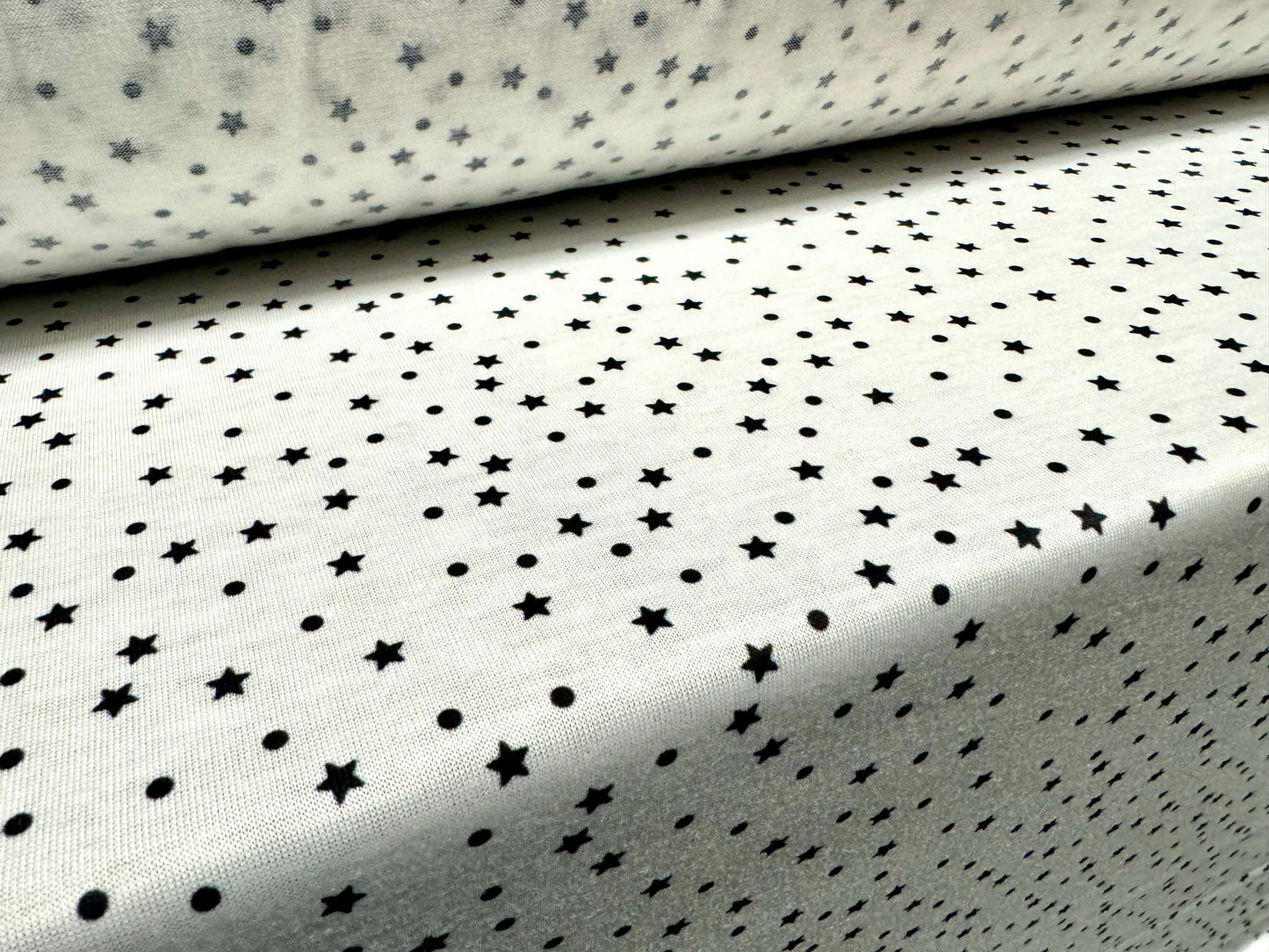 Soft handle stretch single jersey fabric, per metre - spots & stars print - white & black