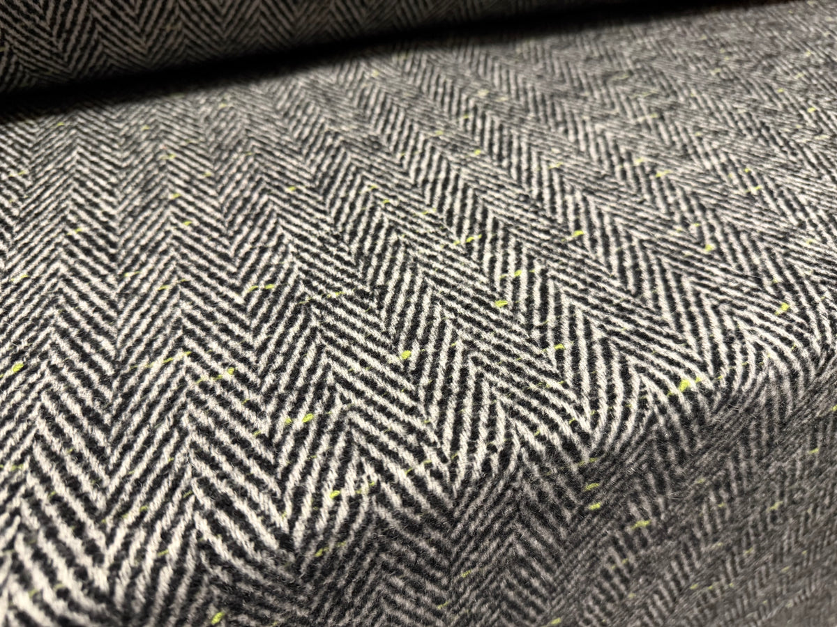 Heavyweight wool fabric, per metre - herringbone - black & white with lime green fleck