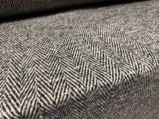 Heavyweight wool fabric, per metre - herringbone - black & white with lime green fleck