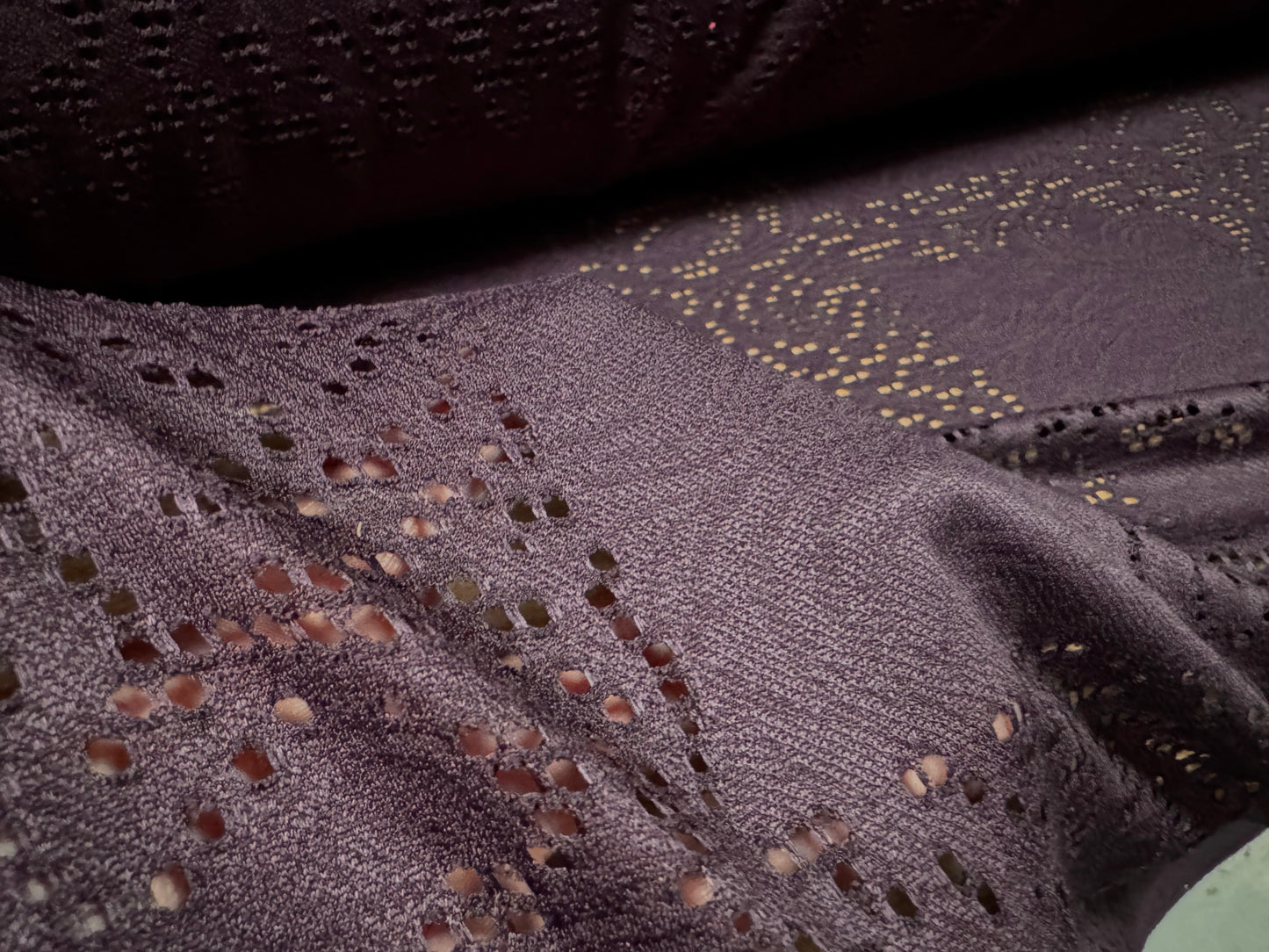 Moire jersey fabric with paisley cut-out design, per metre - purple