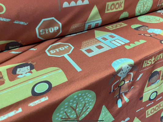 Stretch spandex jersey fabric, per metre - Children’s Road Safety print - brown