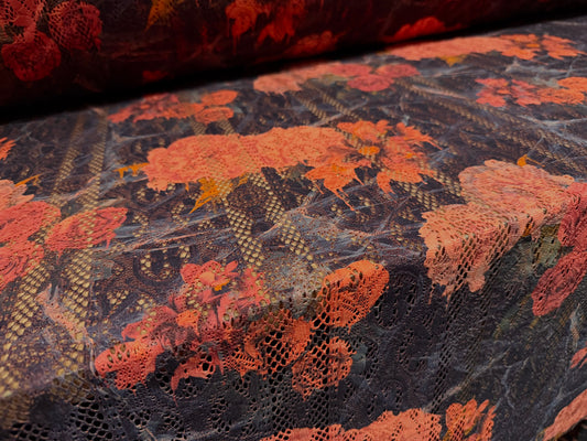Soft handle crochet lace knit fabric, per metre - rose print - darkest purple & coral
