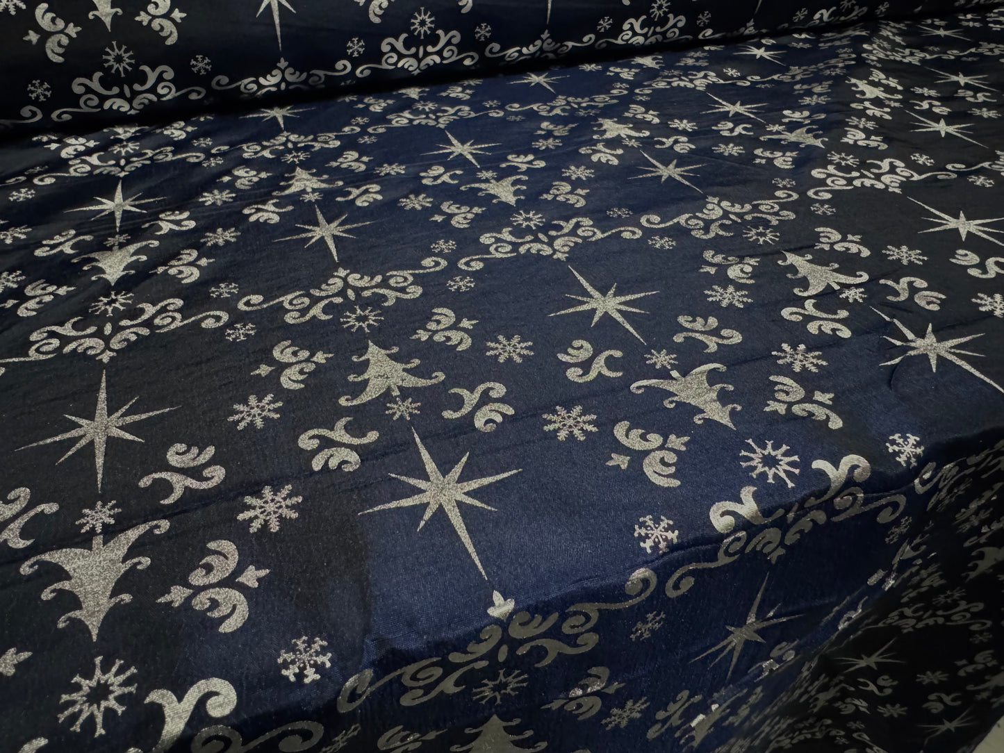 Taffeta faux silk fabric - metallic Christmas Star print - navy blue & silver