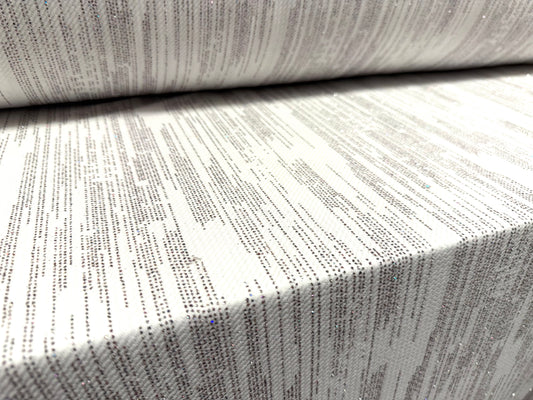 Waterfall stretch double jersey fabric, per metre - rainfall glitter print - white & silver