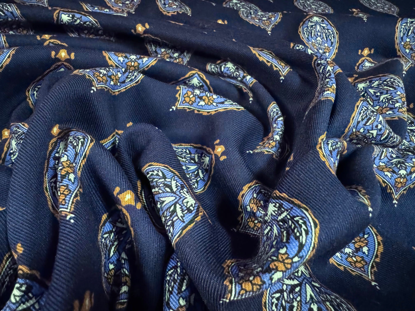 Marocain woven viscose dress fabric, per metre - Arabesque print - navy blue