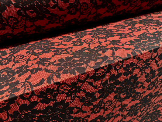 Valentino crepe spandex jersey fabric - similar to scuba - per metre - lace print - rust & black