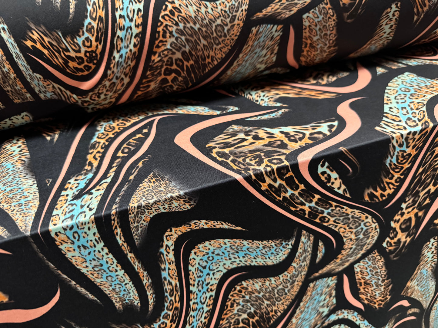 Soft touch stretch spandex single jersey fabric, per metre - leopardskin swirl print - black pink & aqua