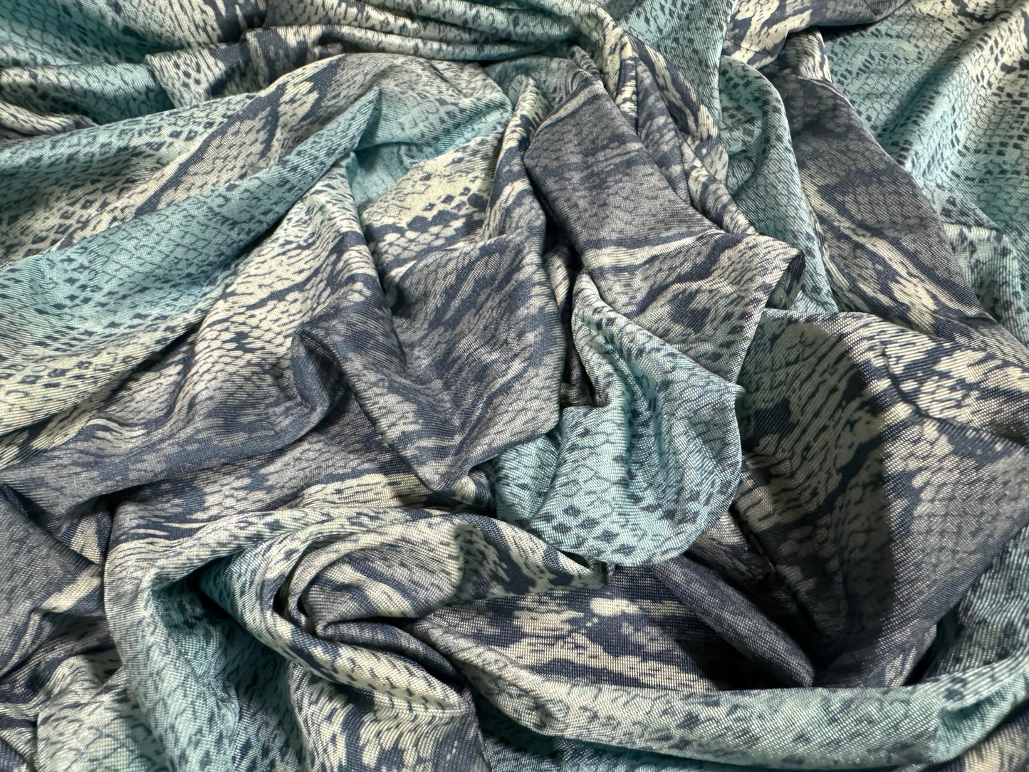 Soft touch stretch spandex single jersey fabric, per metre - snakeskin animal print - blue