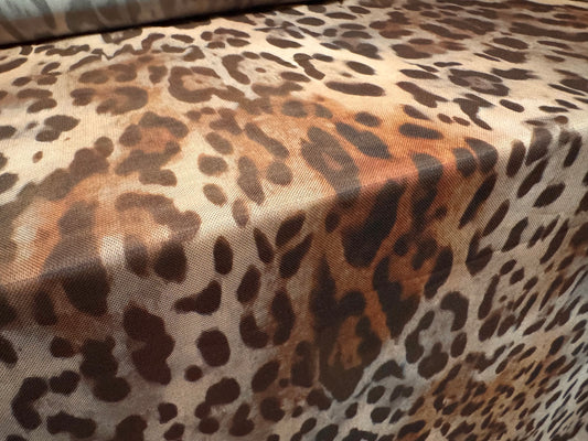 Power mesh net stretch spandex fabric, per metre - jaguar print - brown & nude