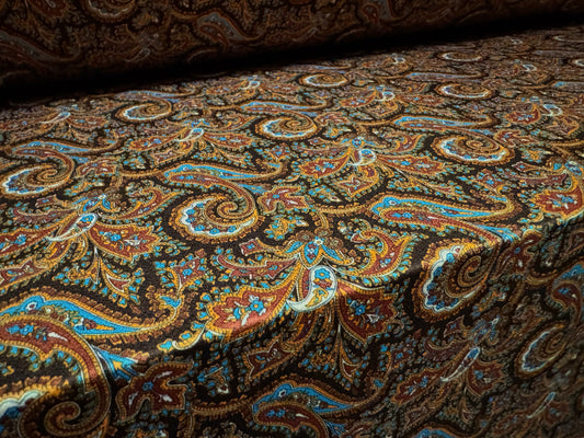 Stretch spandex crepe single jersey dress fabric, per metre - paisley print - brown & sky blue