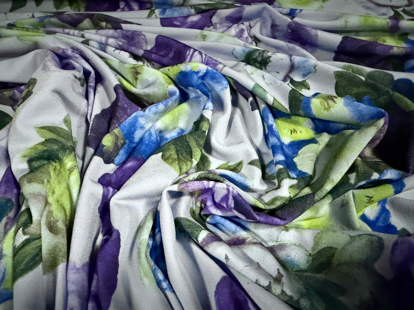 ITY stretch spandex single jersey fabric, per metre - rose print - blue & purple