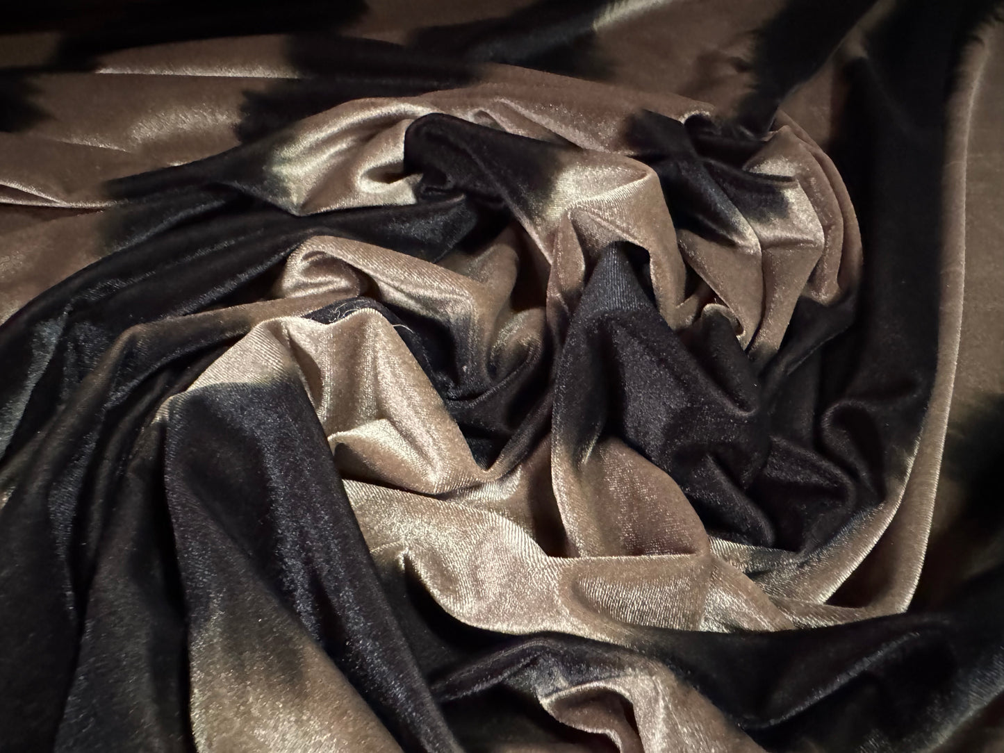 Spandex velvet stretch dress fabric, per metre - diagonal smudge print - taupe & black