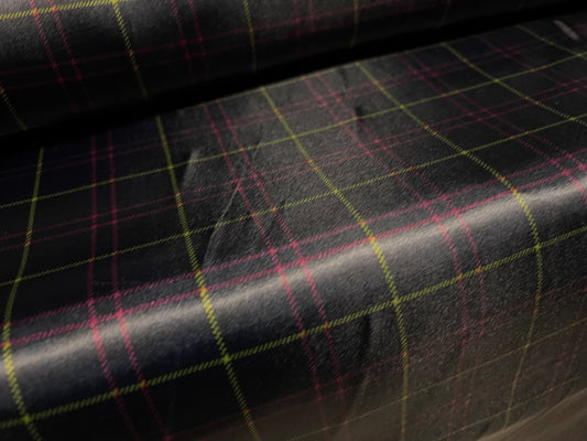 Silky Satin woven dress fabric, per metre - tartan check print - dark purple magenta & lime