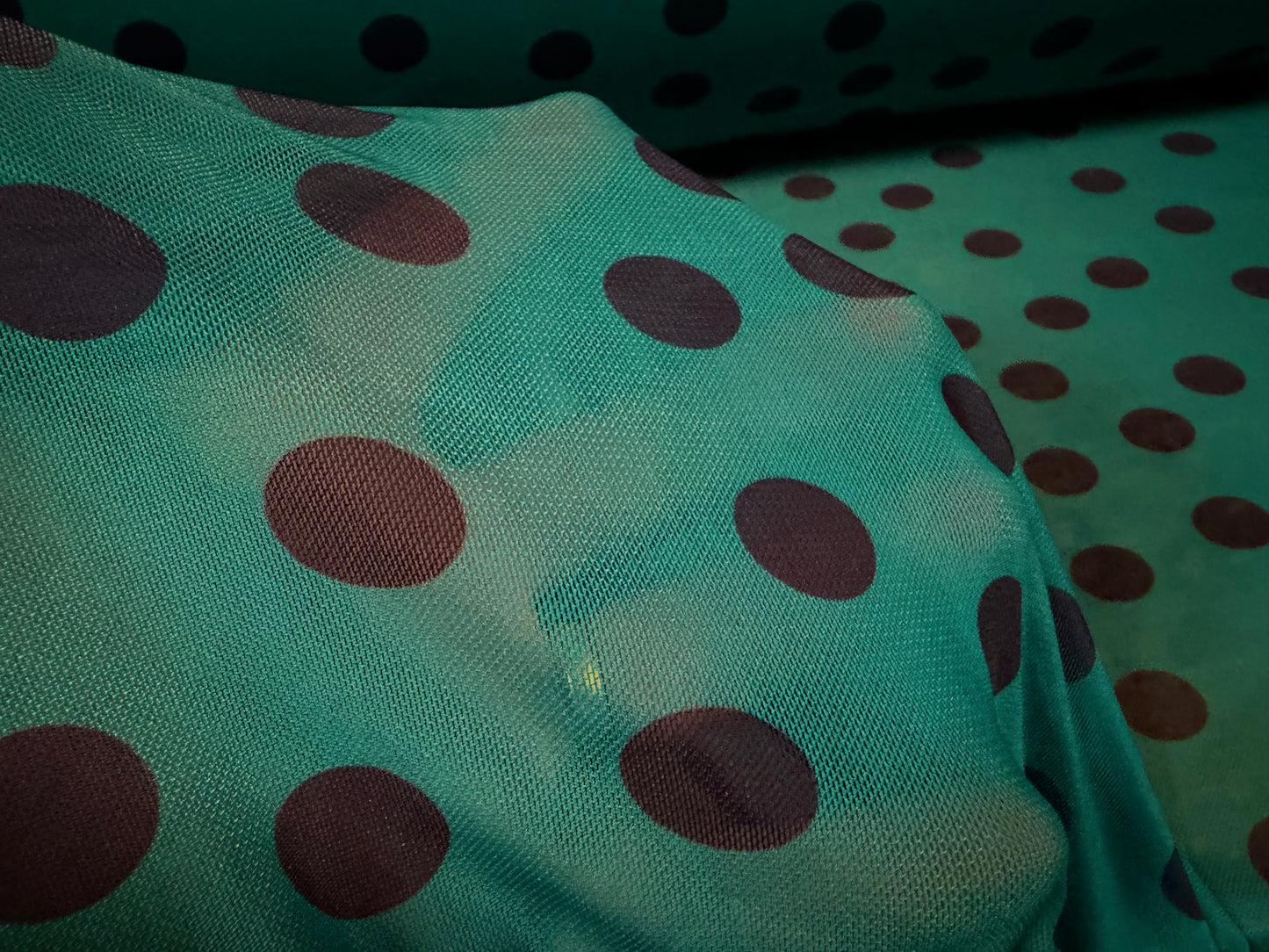 Power mesh net stretch spandex fabric, per metre - polka dot print - jade & navy