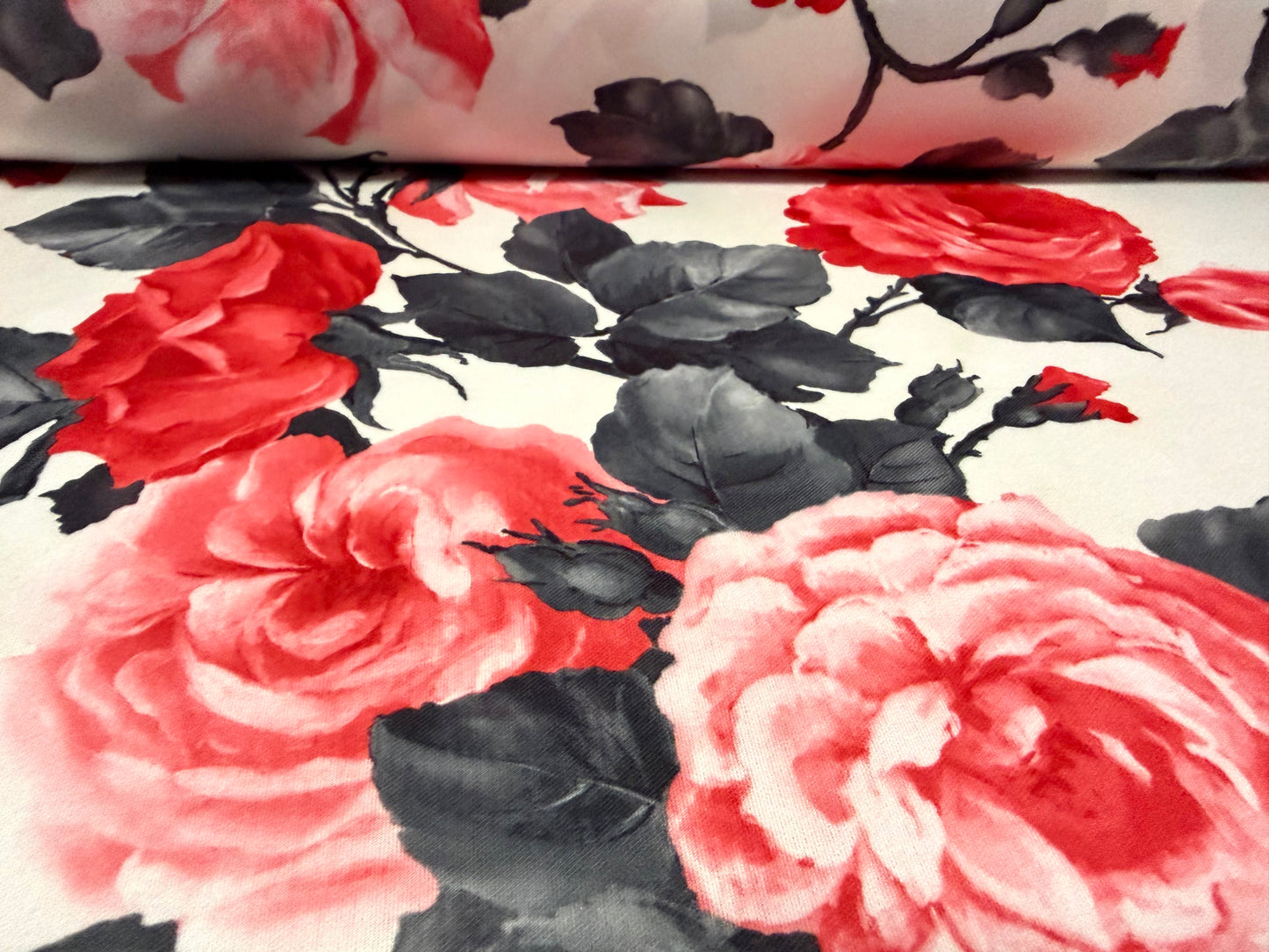 Single jersey fashion fabric, per metre - English Rose print - red & grey