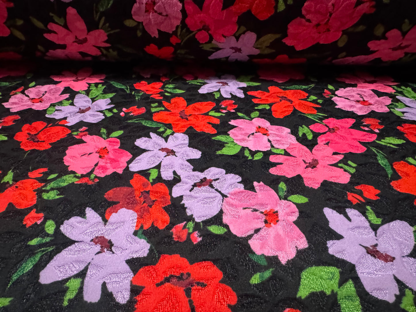 Stretch spandex jersey jacquard fabric, per metre - floral print - black & pink