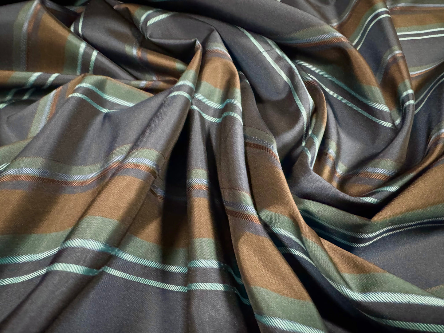 Taffeta faux silk fabric - yarn dyed stripes - blue & bronze