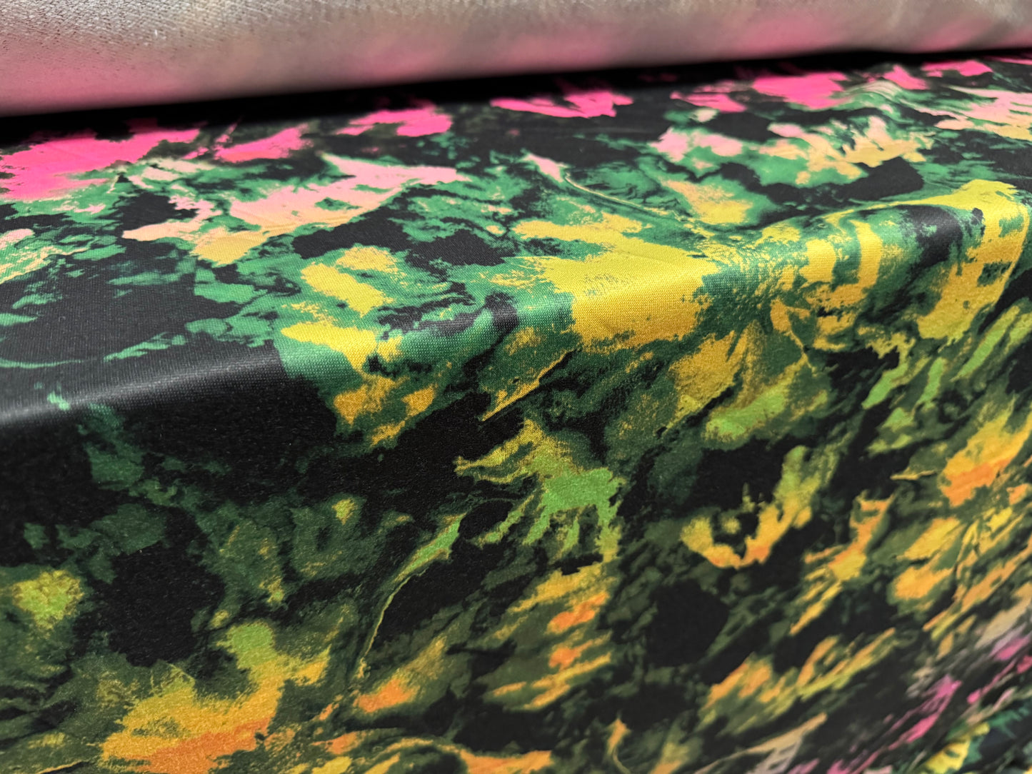 French Terry loopback sweatshirt jersey fabric, per metre - jungle tie dye print - black pink yellow & green