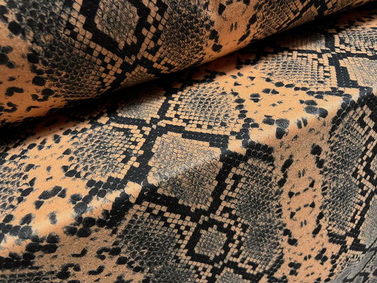 French Terry loopback sweatshirt jersey fabric, per metre - snakeskin print - brown & black