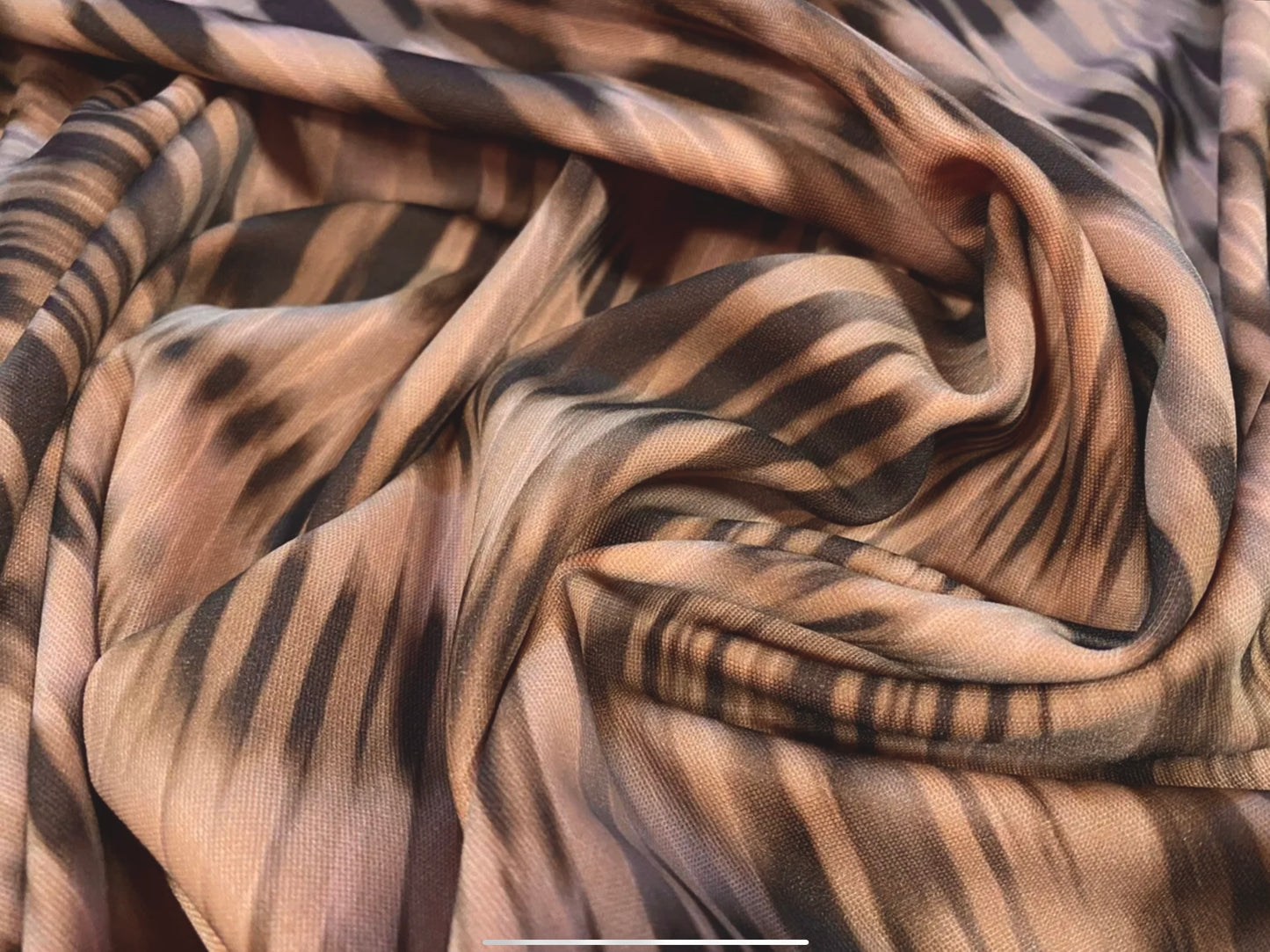 Scuba stretch spandex double jersey dress fabric, per metre - stylised animal print - brown & peach