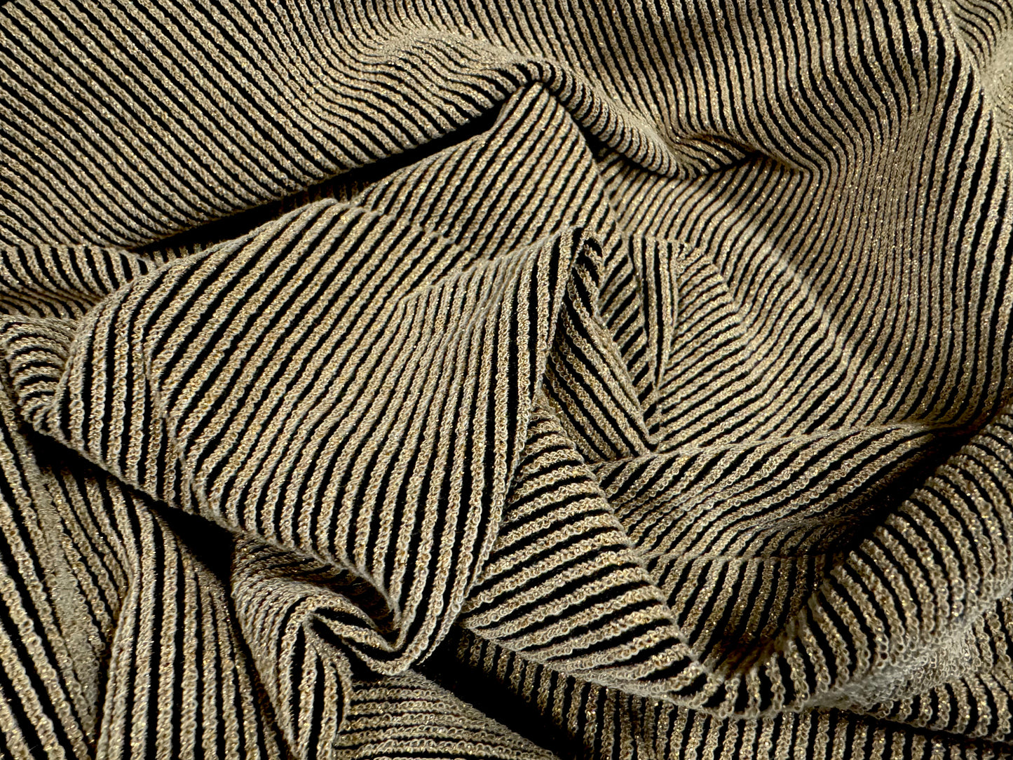 Metallic stretch spandex rib bodycon jersey fabric, per metre - pinstripe - black with gold lurex