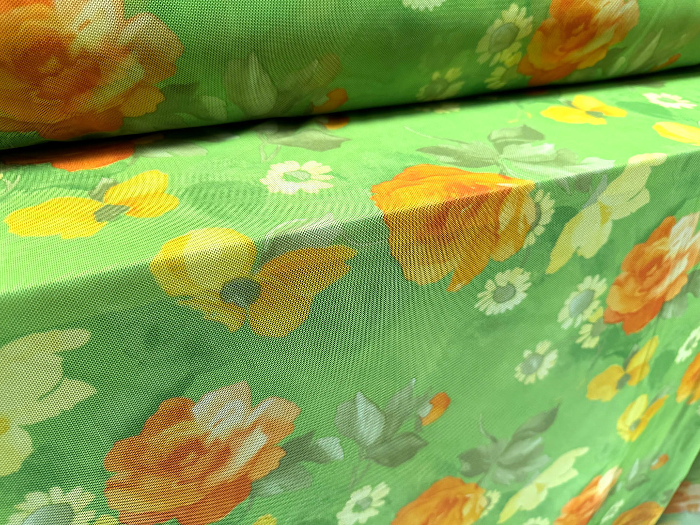 Power mesh net stretch spandex fabric, per metre - roses print - green & orange