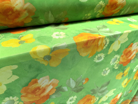 Power mesh net stretch spandex fabric, per metre - roses print - green & orange