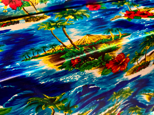 Silky satin woven fabric, per metre - Tropical Island print - multicolour